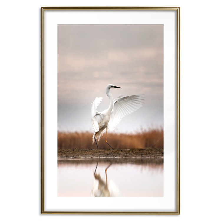 Poster Autumn Over the Lake - landscape of a white bird against a golden field 130373 additionalImage 19