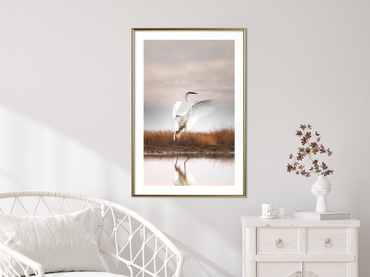 Poster Autumn Over the Lake - landscape of a white bird against a golden field 130373 additionalImage 13