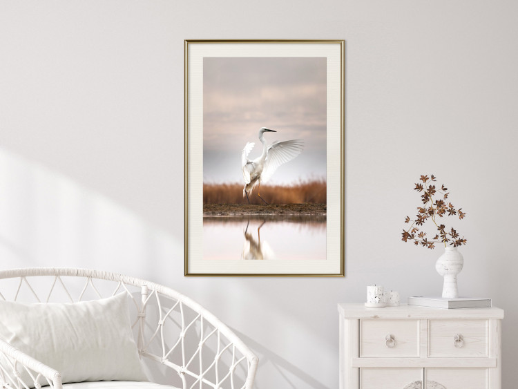 Poster Autumn Over the Lake - landscape of a white bird against a golden field 130373 additionalImage 22