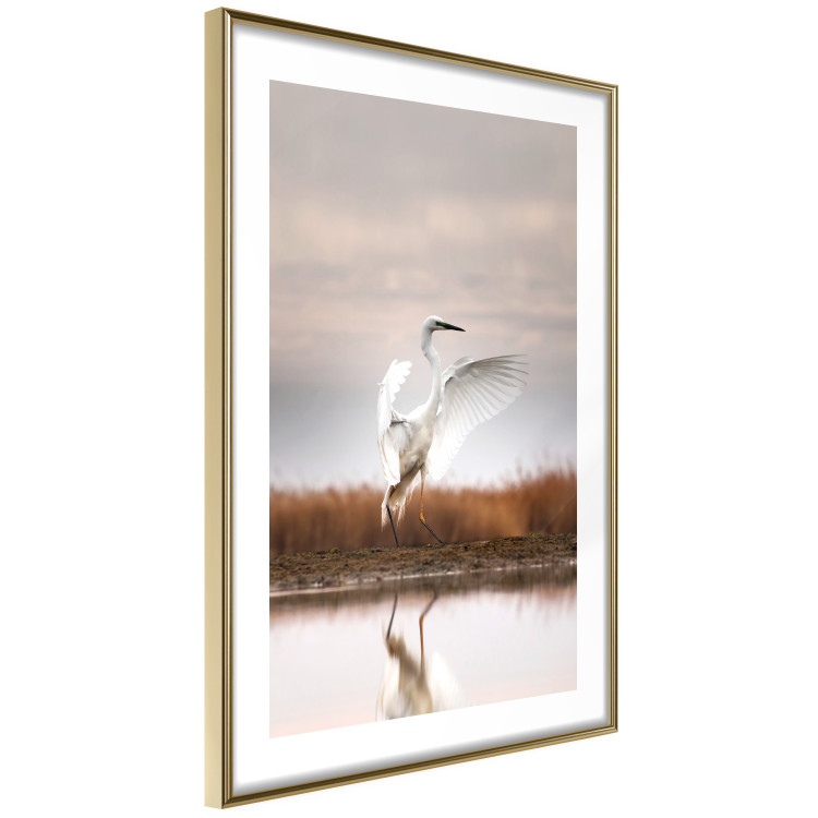 Poster Autumn Over the Lake - landscape of a white bird against a golden field 130373 additionalImage 7