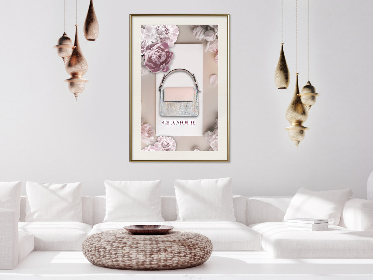 Wall Poster Elegant Handbag - feminine bag on a light background surrounded by flowers 131773 additionalImage 22
