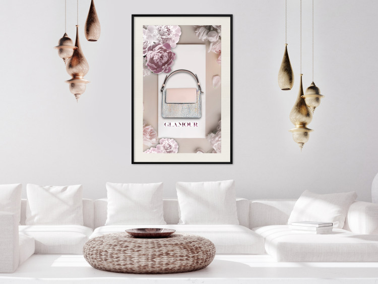 Wall Poster Elegant Handbag - feminine bag on a light background surrounded by flowers 131773 additionalImage 24