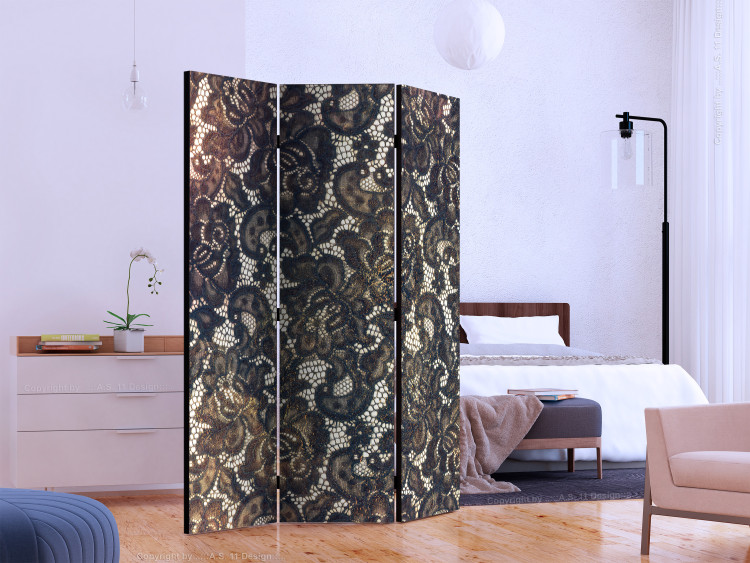 Folding Screen Discreet Elegance (3-piece) - abstraction in dark shades 132973 additionalImage 2