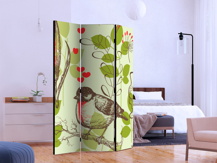 Room Separator Bird and Lilies - Vintage Motif (3-piece) - flowers and green leaves 133373 additionalImage 2