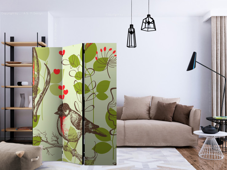 Room Separator Bird and Lilies - Vintage Motif (3-piece) - flowers and green leaves 133373 additionalImage 4