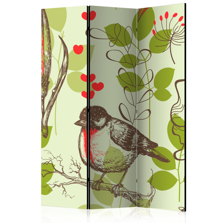 Room Separator Bird and Lilies - Vintage Motif (3-piece) - flowers and green leaves 133373