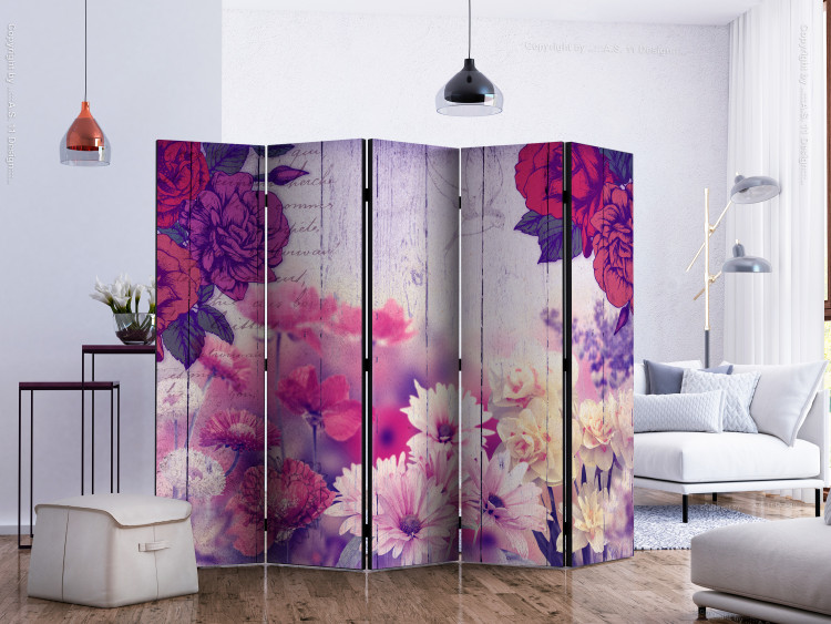 Room Divider Floral Memory II - flowers on a background of wooden boards with inscriptions 133973 additionalImage 2