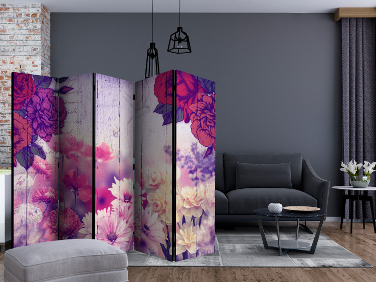 Room Divider Floral Memory II - flowers on a background of wooden boards with inscriptions 133973 additionalImage 4