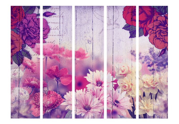 Room Divider Floral Memory II - flowers on a background of wooden boards with inscriptions 133973 additionalImage 3