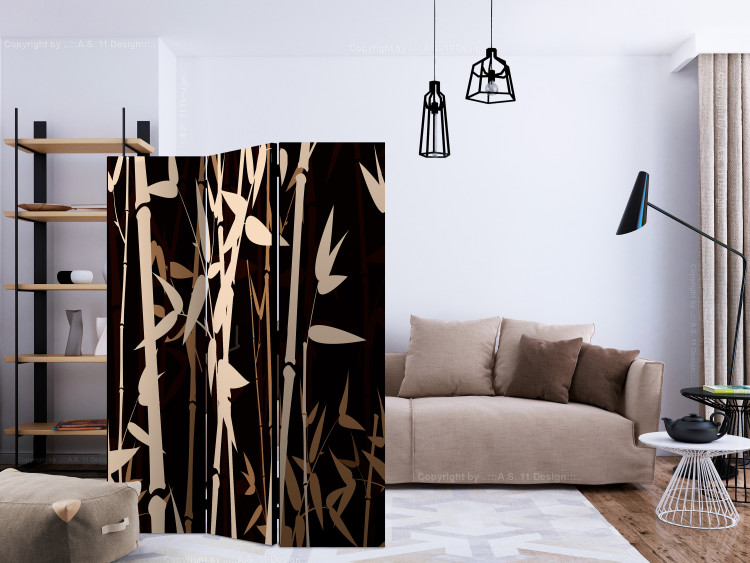 Folding Screen Oriental Bamboo (3-piece) - brown plants on a dark background 134273 additionalImage 4
