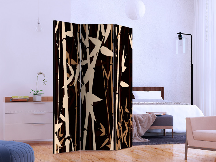 Folding Screen Oriental Bamboo (3-piece) - brown plants on a dark background 134273 additionalImage 2