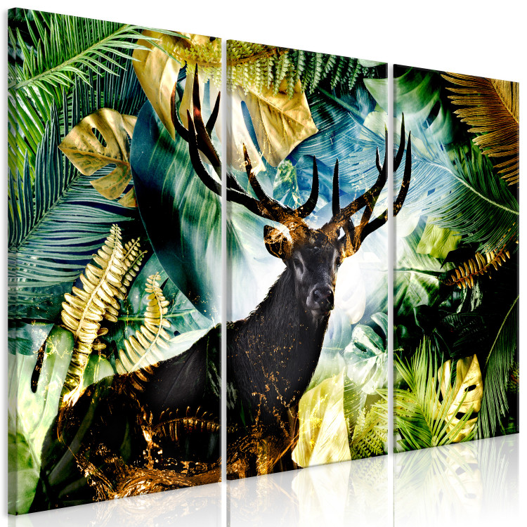 Canvas Print Surrounded by Forest (3-piece) - deer against a background of monstera and palm leaves 134573 additionalImage 2