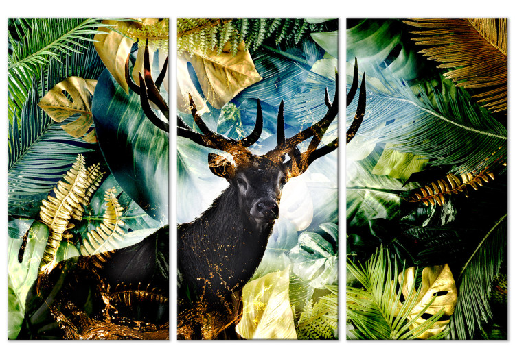 Canvas Print Surrounded by Forest (3-piece) - deer against a background of monstera and palm leaves 134573