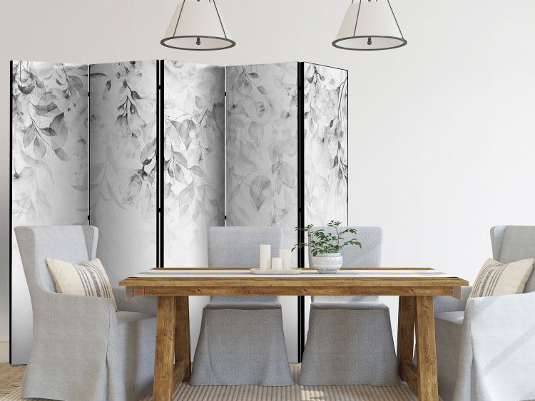 Folding Screen Rose Waterfall - Third Variant II (5-piece) - Gray flowers on white 136173 additionalImage 2