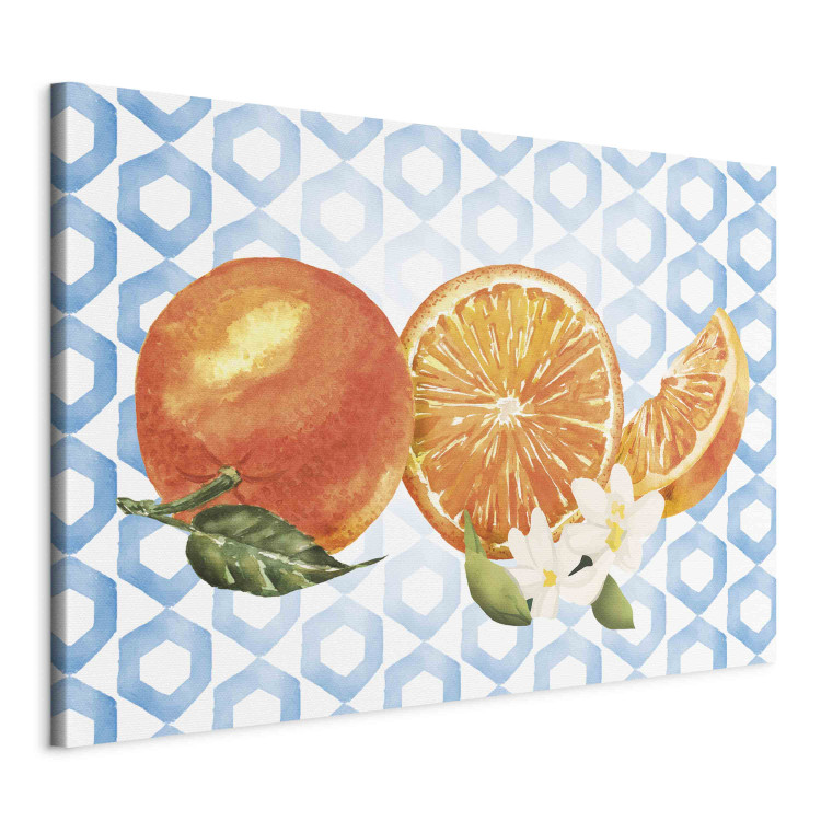 Canvas Print Sicilian Fruits - Oranges With Flowers on the Background of Blue Ornaments 151273 additionalImage 2