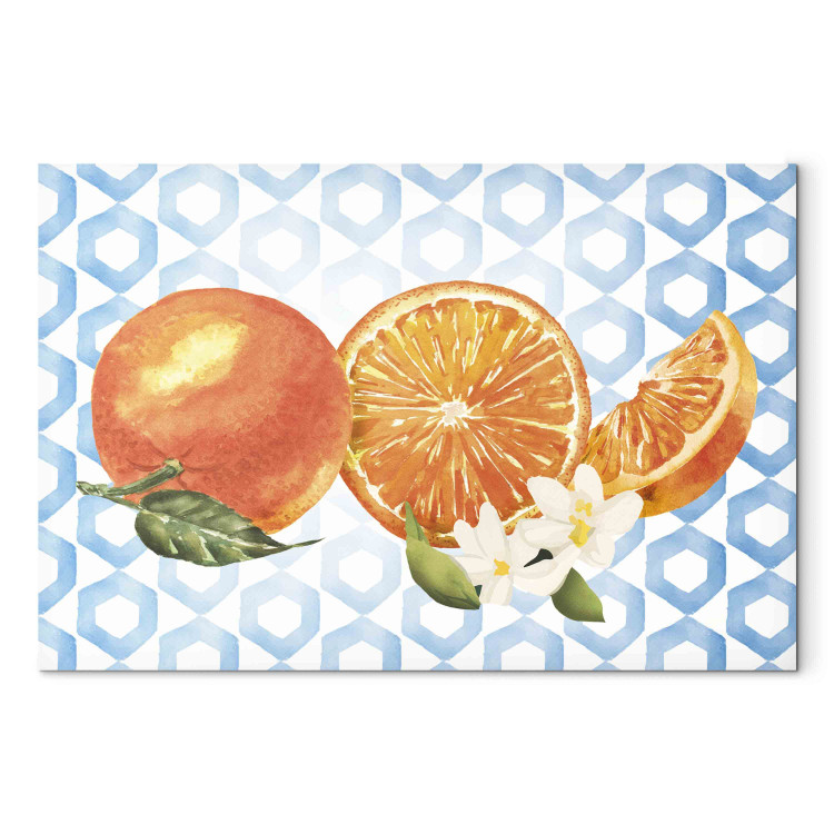 Canvas Print Sicilian Fruits - Oranges With Flowers on the Background of Blue Ornaments 151273