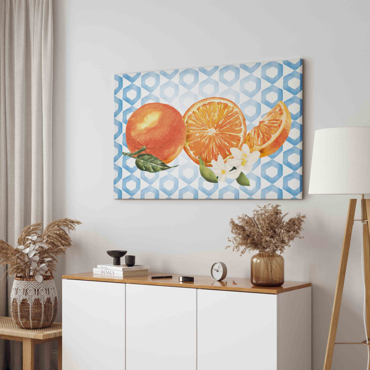 Canvas Print Sicilian Fruits - Oranges With Flowers on the Background of Blue Ornaments 151273 additionalImage 10