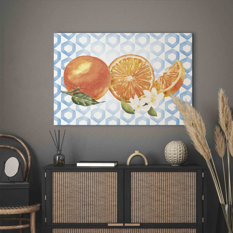 Canvas Print Sicilian Fruits - Oranges With Flowers on the Background of Blue Ornaments 151273 additionalImage 3