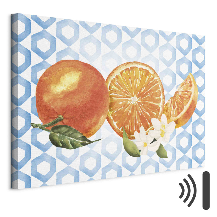 Canvas Print Sicilian Fruits - Oranges With Flowers on the Background of Blue Ornaments 151273 additionalImage 8