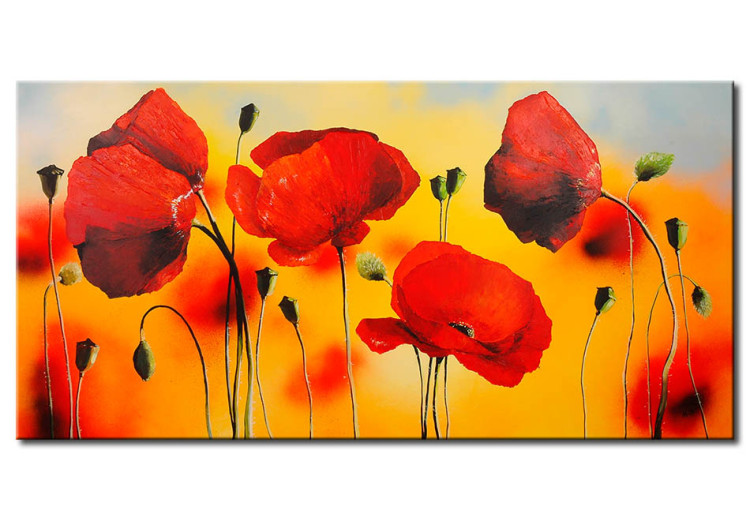 Canvas Art Print Morning Among Poppies (1-piece) - Red flowers on a blurred background 48573