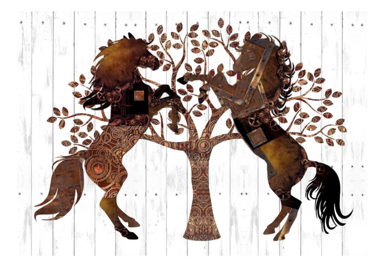 Wall Mural Abstract horses - tree with animals on a white wooden background 64373 additionalImage 1