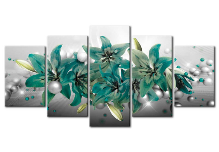 Canvas Turquoise Bouquet (5-piece) - Lilies in Full Bloom on Gray Background 92973