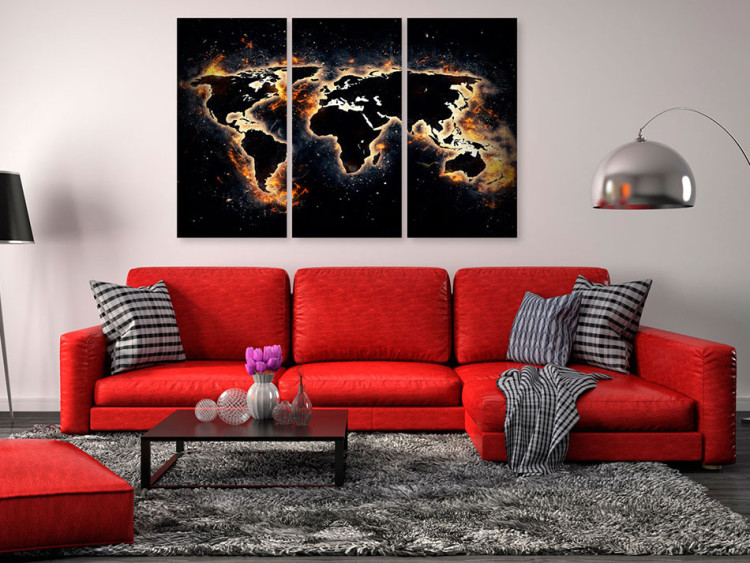 Canvas Art Print Flames of the World (3-part) - fiery world map on a black background 94773 additionalImage 3