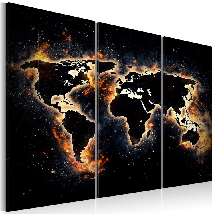 Canvas Art Print Flames of the World (3-part) - fiery world map on a black background 94773 additionalImage 2