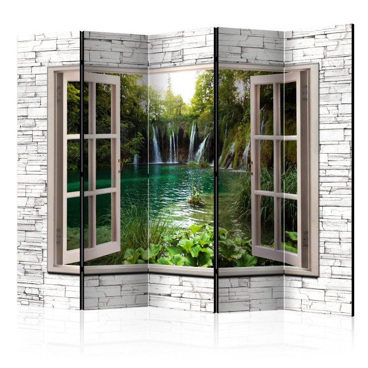 Folding Screen Green Treasure II - window on a stone texture overlooking a waterfall 95973
