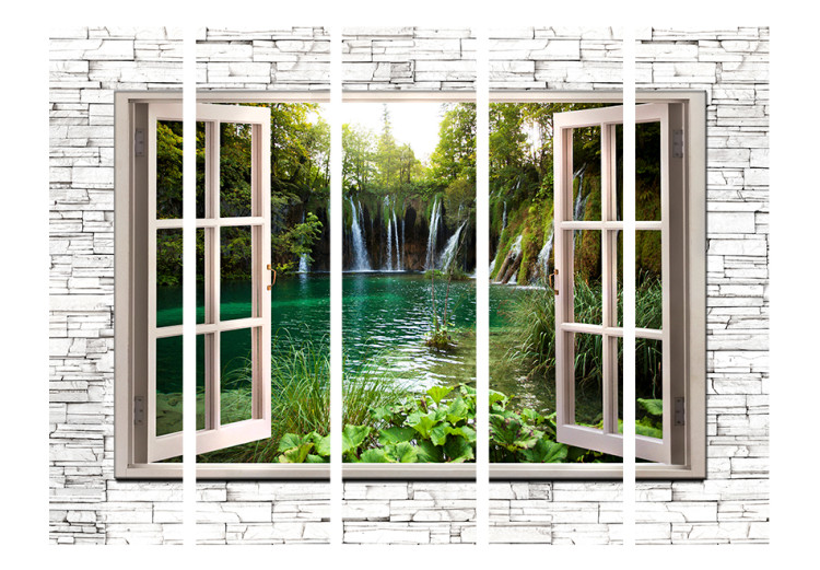 Folding Screen Green Treasure II - window on a stone texture overlooking a waterfall 95973 additionalImage 3