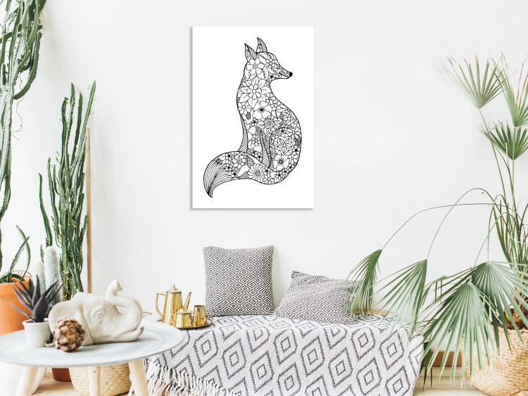 Canvas Art Print Fox in Floral Pattern (1-part) - Black and White Animal Pattern 114783 additionalImage 3