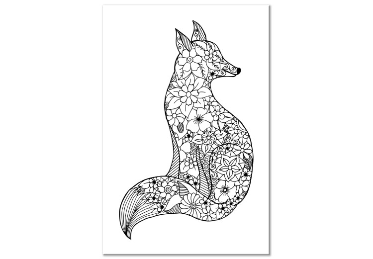 Canvas Art Print Fox in Floral Pattern (1-part) - Black and White Animal Pattern 114783