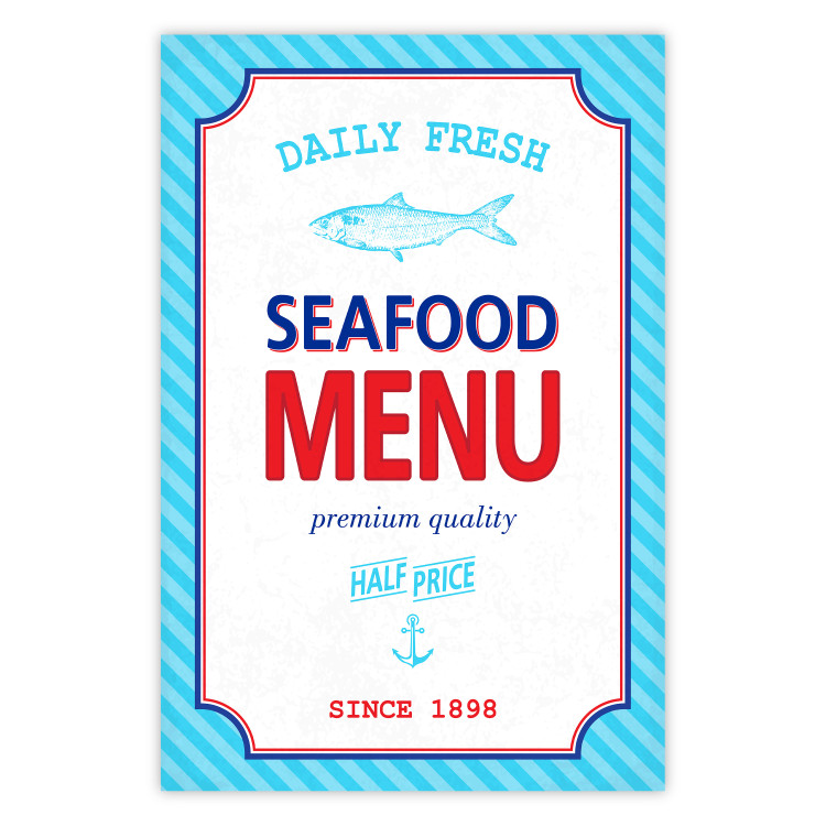 Wall Poster Menu - blue advertising pattern with English captions and fish 123583