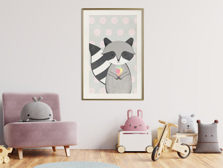 Wall Poster Ice Cream Hungry Raccoon - funny gray animal with ice cream on polka dot background 129583 additionalImage 22