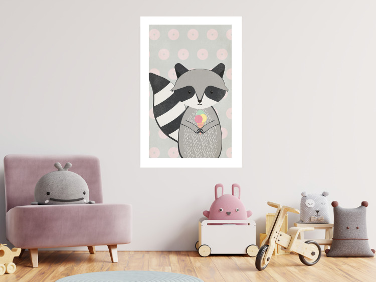 Wall Poster Ice Cream Hungry Raccoon - funny gray animal with ice cream on polka dot background 129583 additionalImage 5