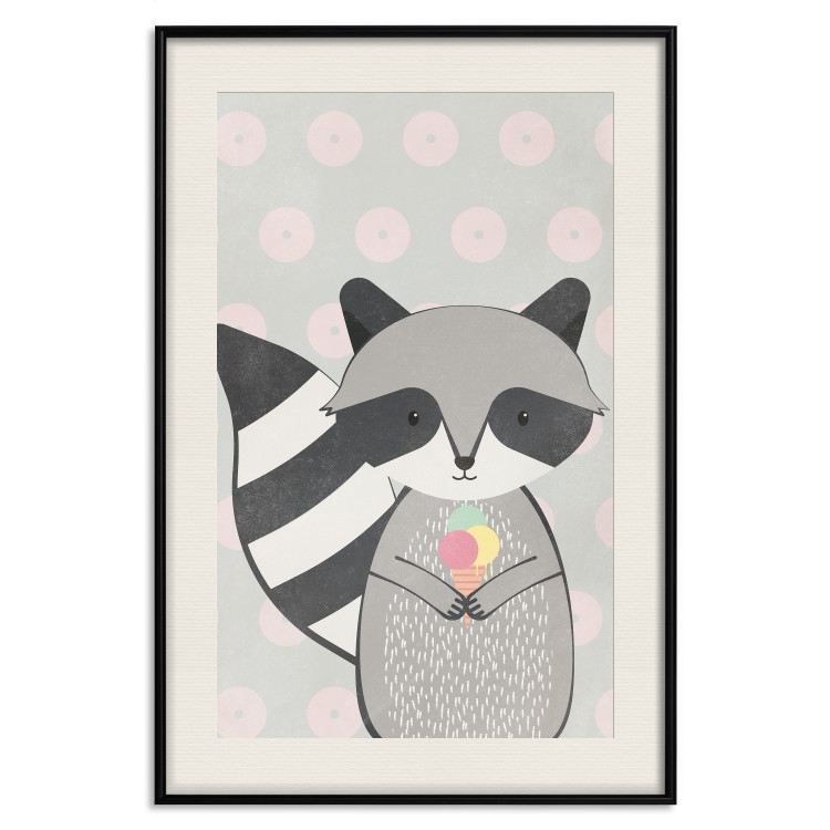 Wall Poster Ice Cream Hungry Raccoon - funny gray animal with ice cream on polka dot background 129583 additionalImage 19