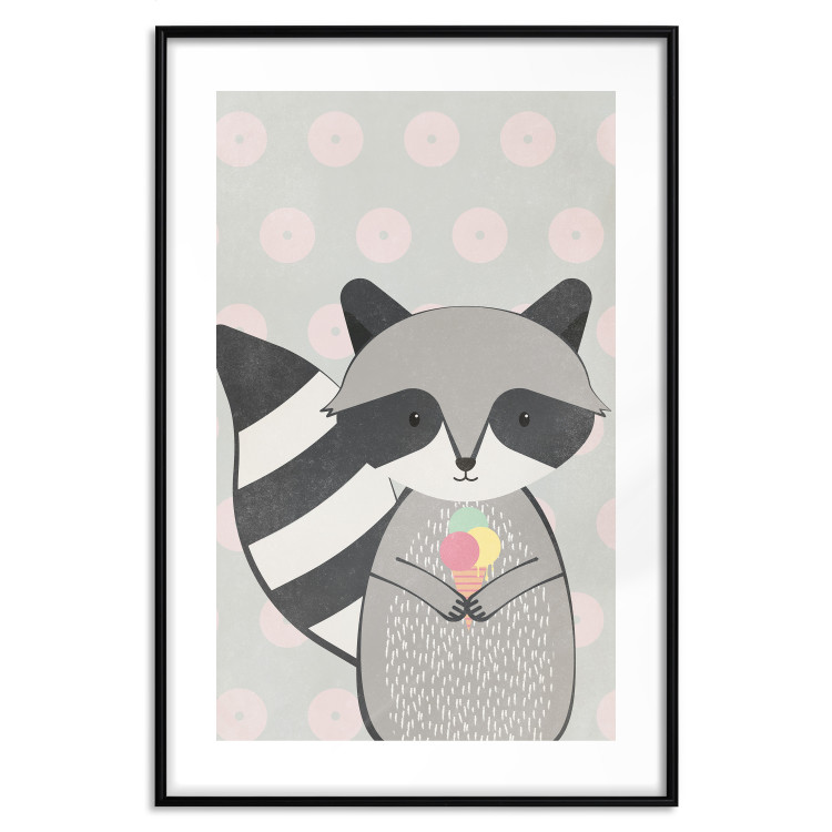 Wall Poster Ice Cream Hungry Raccoon - funny gray animal with ice cream on polka dot background 129583 additionalImage 17