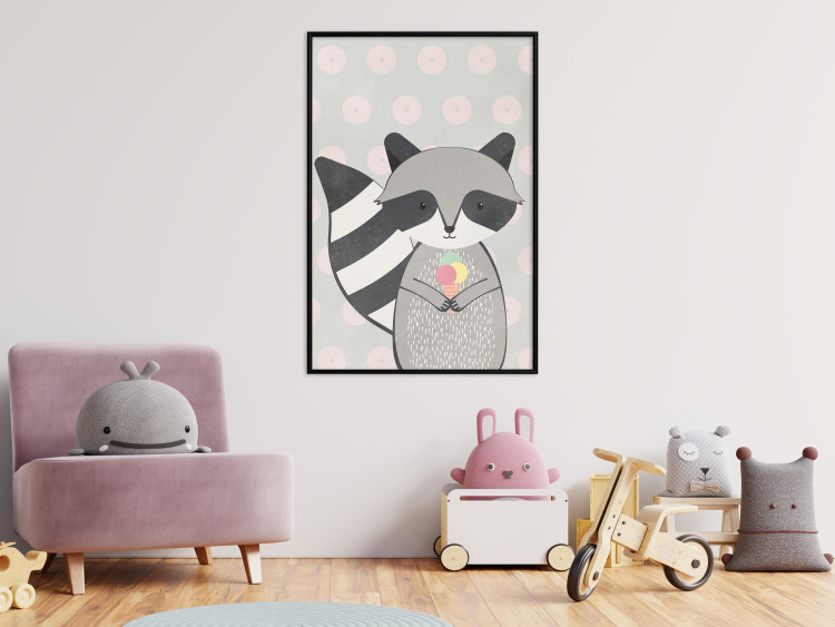 Wall Poster Ice Cream Hungry Raccoon - funny gray animal with ice cream on polka dot background 129583 additionalImage 6