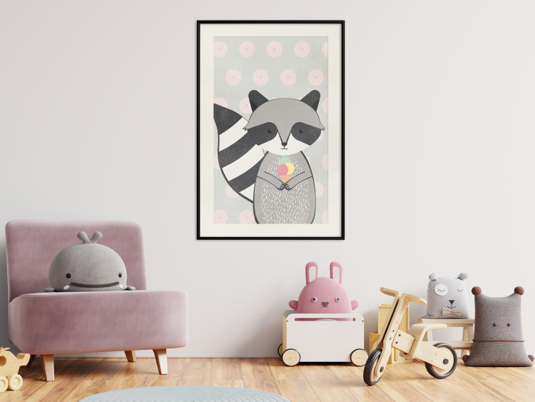 Wall Poster Ice Cream Hungry Raccoon - funny gray animal with ice cream on polka dot background 129583 additionalImage 24