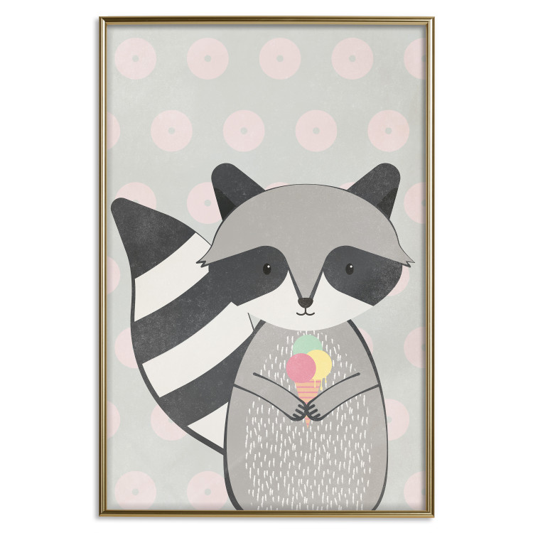 Wall Poster Ice Cream Hungry Raccoon - funny gray animal with ice cream on polka dot background 129583 additionalImage 21