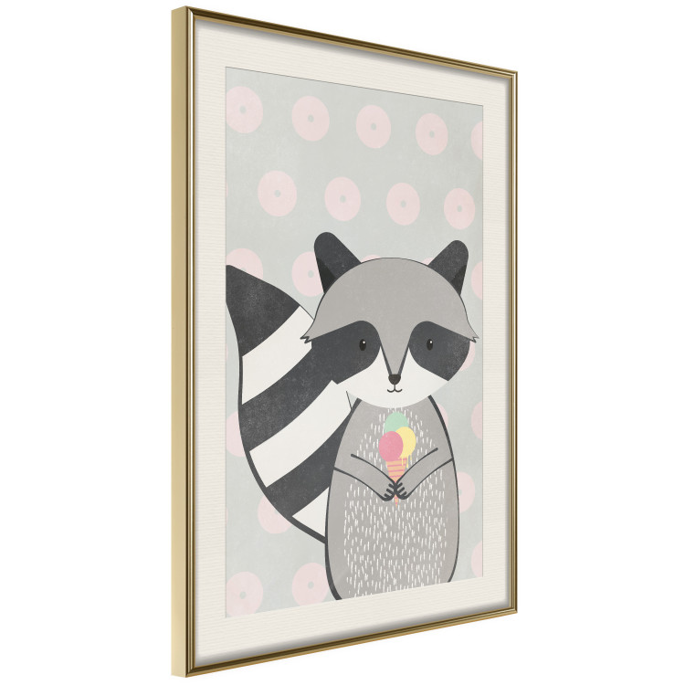 Wall Poster Ice Cream Hungry Raccoon - funny gray animal with ice cream on polka dot background 129583 additionalImage 3