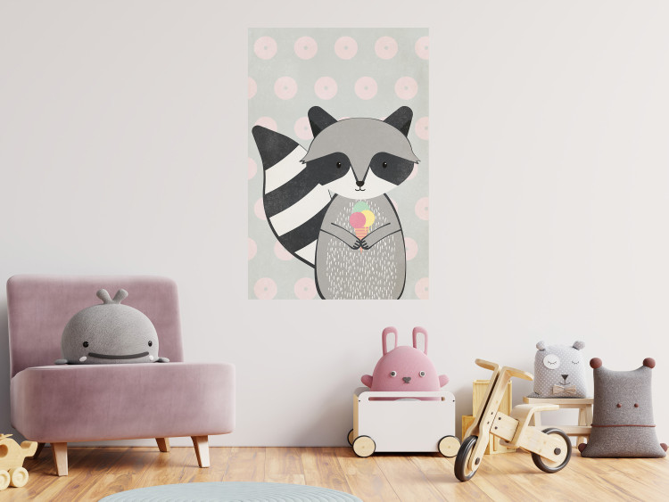 Wall Poster Ice Cream Hungry Raccoon - funny gray animal with ice cream on polka dot background 129583 additionalImage 4