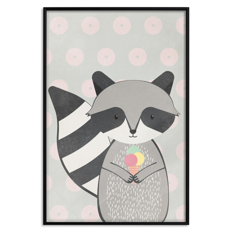 Wall Poster Ice Cream Hungry Raccoon - funny gray animal with ice cream on polka dot background 129583 additionalImage 18