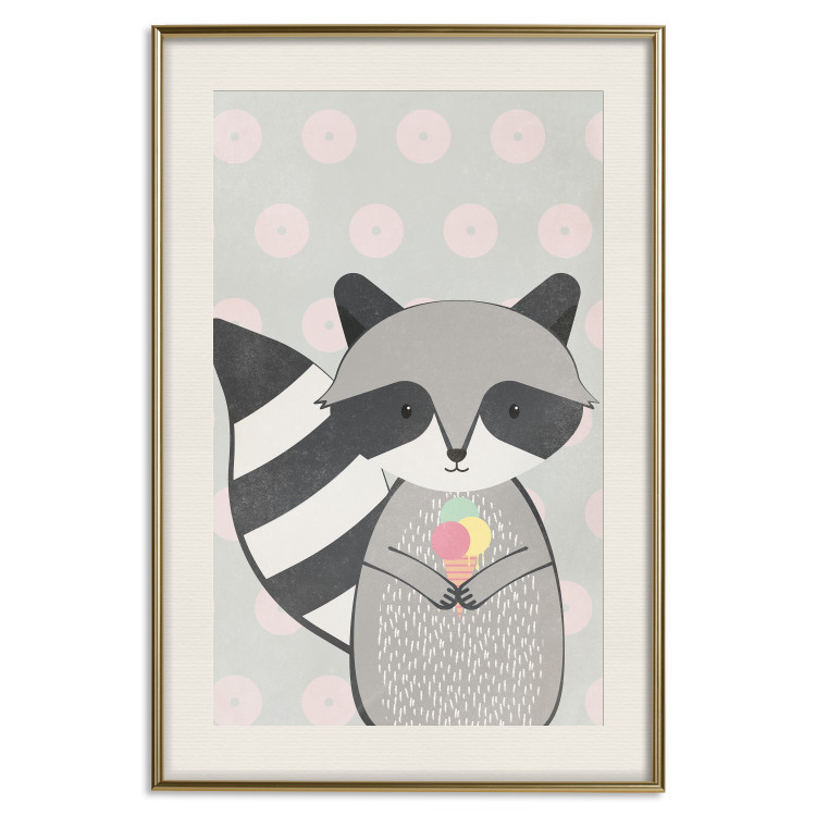 Wall Poster Ice Cream Hungry Raccoon - funny gray animal with ice cream on polka dot background 129583 additionalImage 20