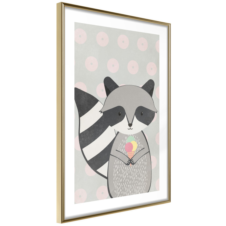 Wall Poster Ice Cream Hungry Raccoon - funny gray animal with ice cream on polka dot background 129583 additionalImage 9