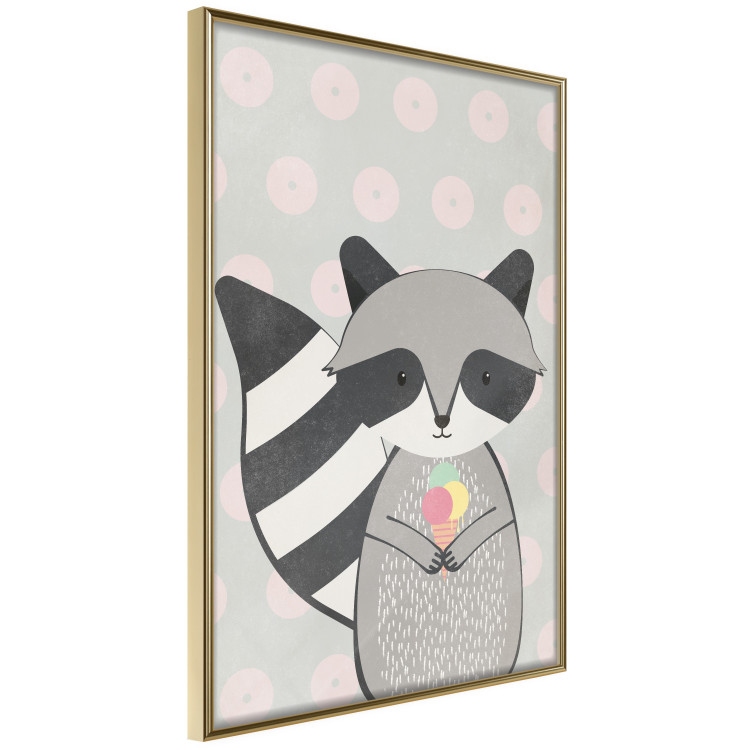 Wall Poster Ice Cream Hungry Raccoon - funny gray animal with ice cream on polka dot background 129583 additionalImage 14