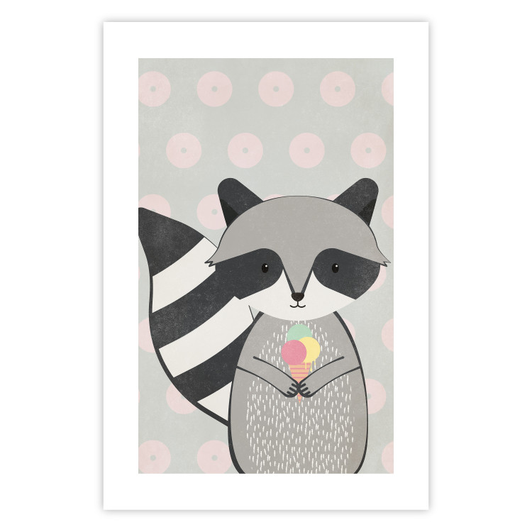 Wall Poster Ice Cream Hungry Raccoon - funny gray animal with ice cream on polka dot background 129583 additionalImage 25