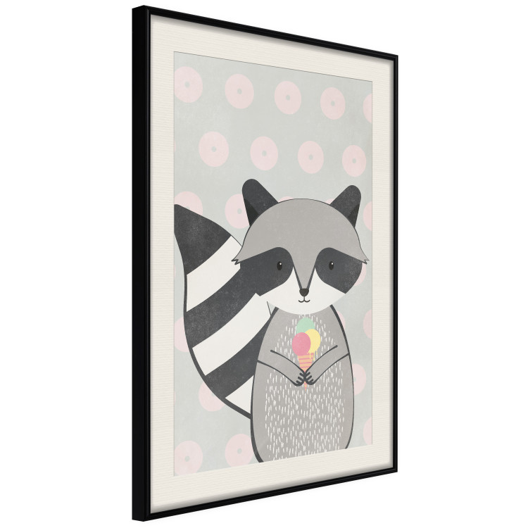Wall Poster Ice Cream Hungry Raccoon - funny gray animal with ice cream on polka dot background 129583 additionalImage 2