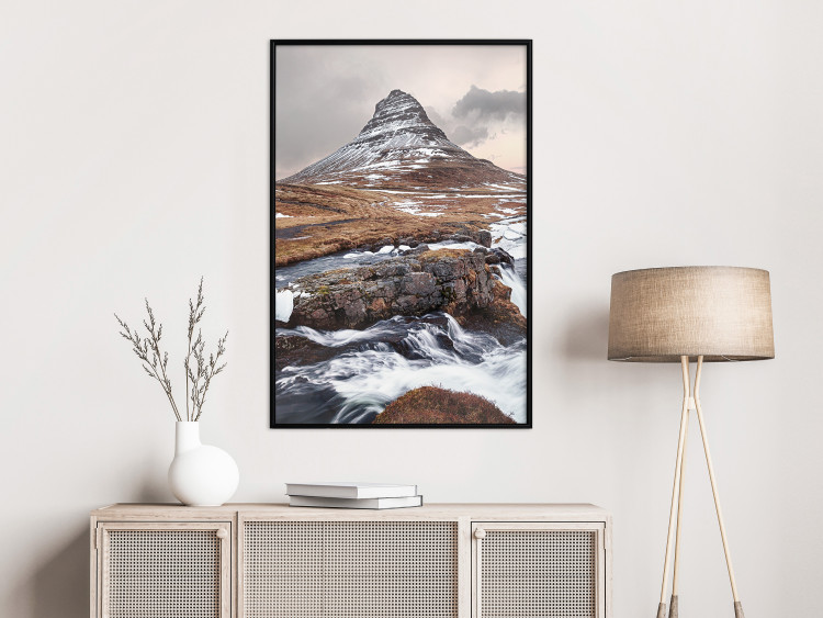 Poster Kirkjufell - winter landscape of a mountain and a stream against the sky 130383 additionalImage 4