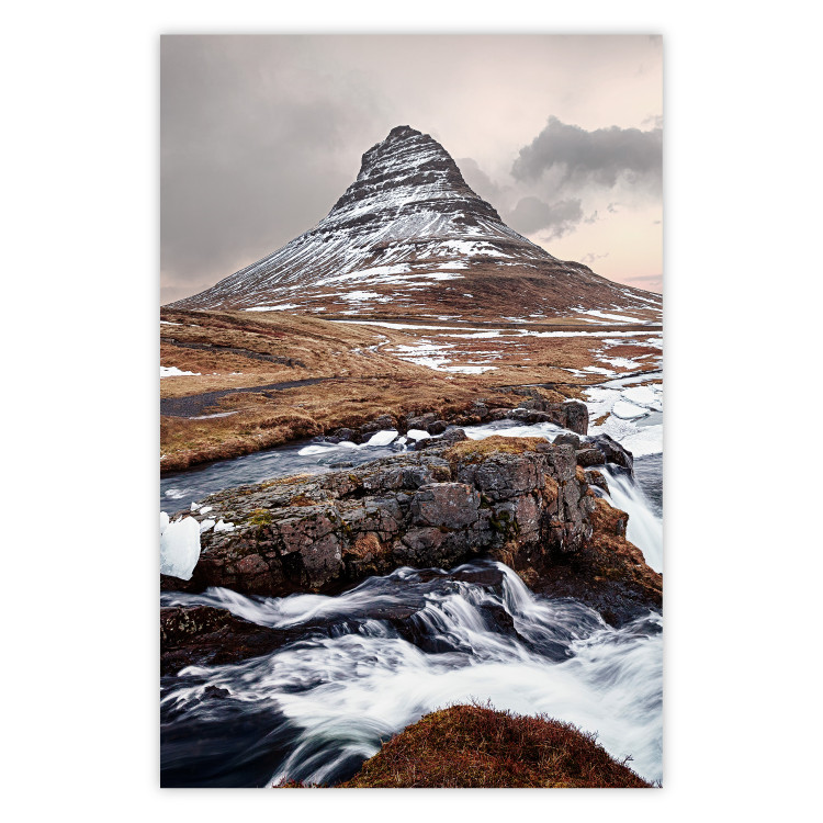 Poster Kirkjufell - winter landscape of a mountain and a stream against the sky 130383